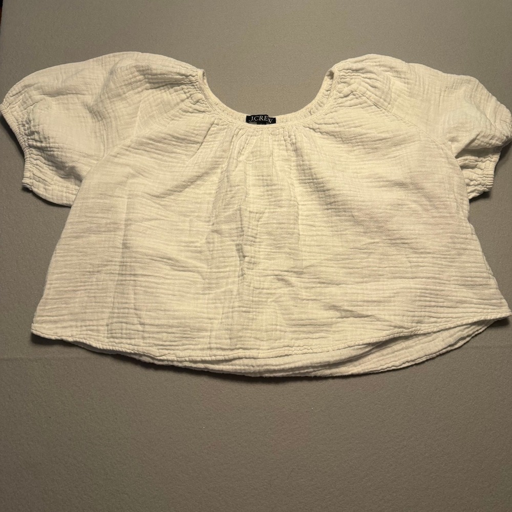 J. Crew Gauze Puff Sleeve Crop Top Blouse White Textured Women Size L